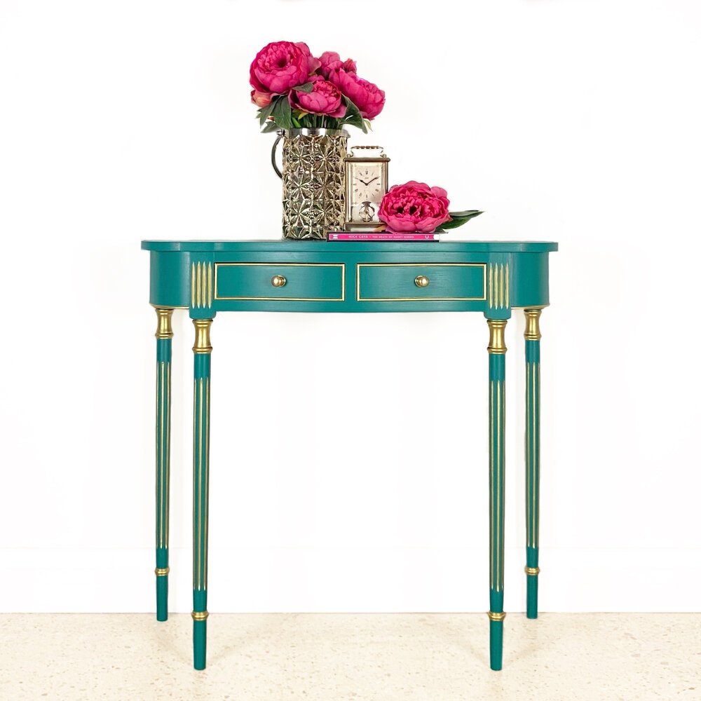    Project No. EP084 - ‘Marina’    Vintage console table by Bevan-Funnell hand-painted in teal blue with gold gilding and pinstripe detail. 