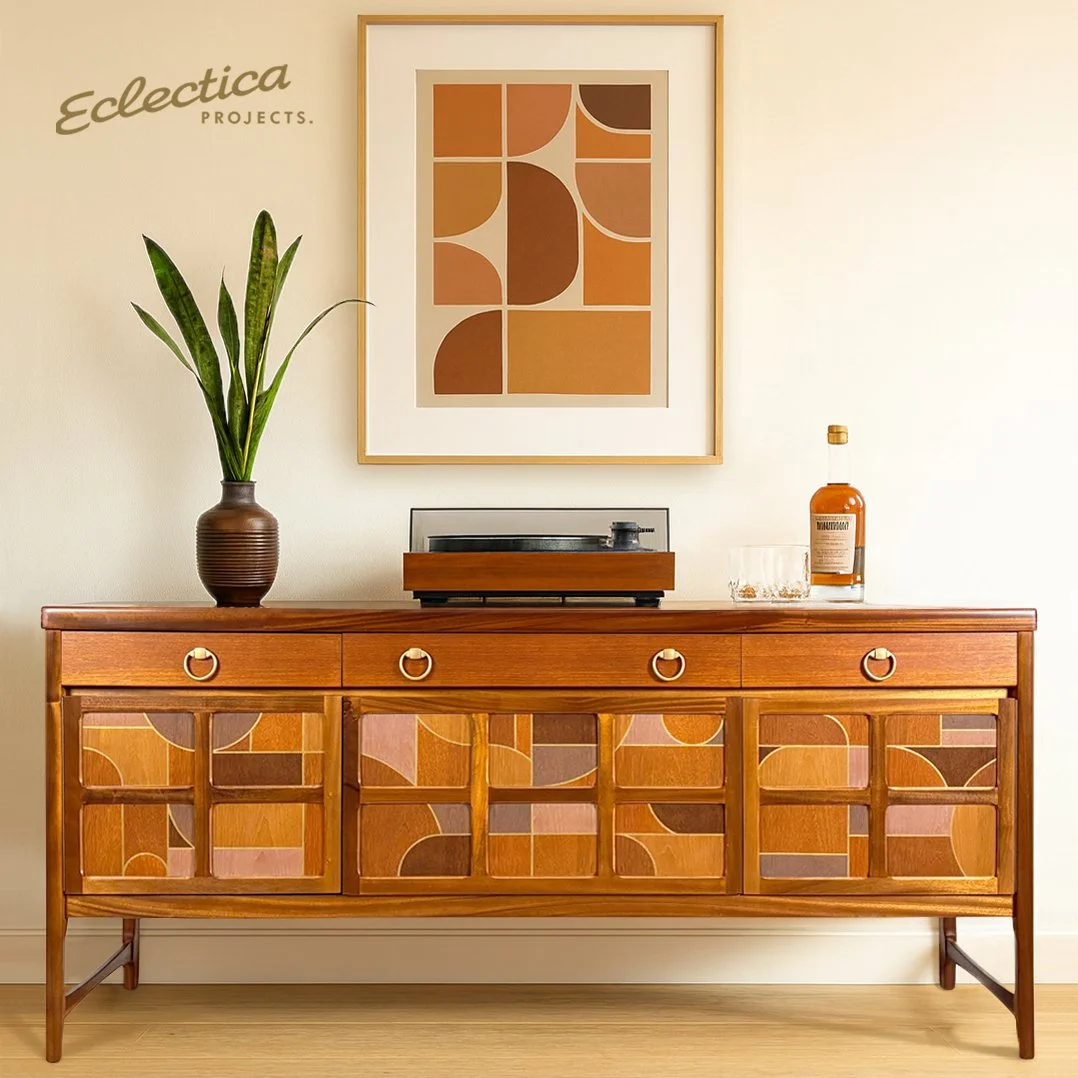 Mid-Century 'Squares' Teak Sideboard by Nathan with Abstract Geometric design, Leatherette-lined interior & Lighting