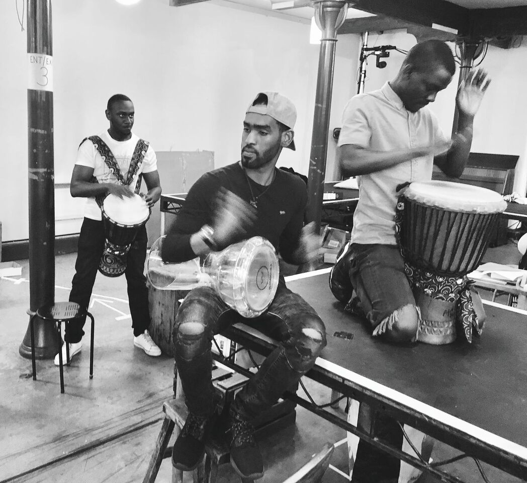 Mohamed Sarrar, John Pfumojena and Cherno Jagne in rehearsals for The Jungle