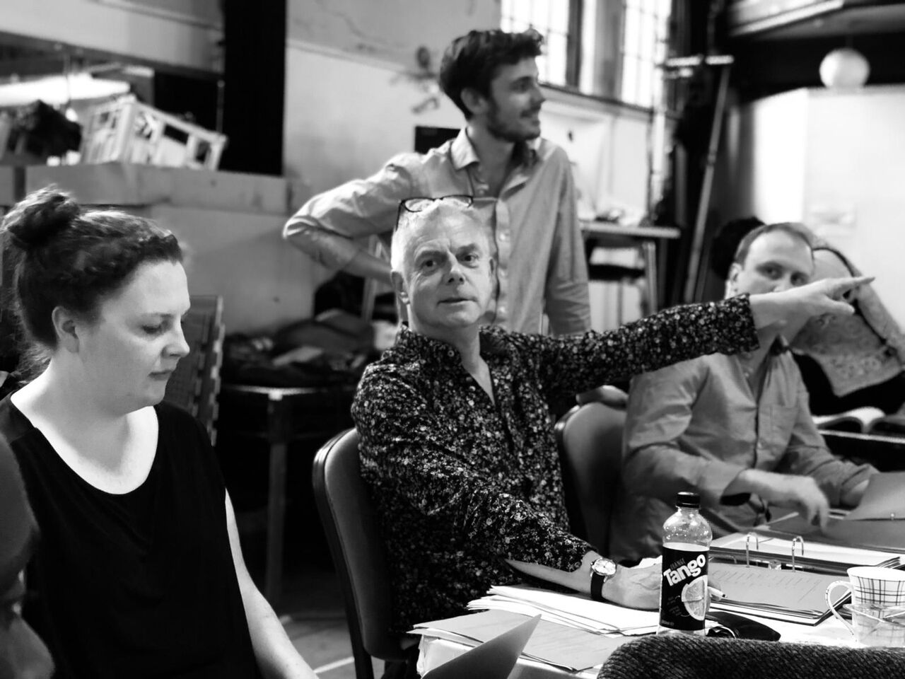 Jo Cox, Stephen Daldry, Joe Murphy and Justin Martin in rehearsals for The Jungle