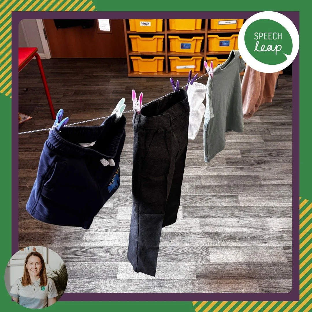 When running Early Language Groups, Natasha always tries to use real objects to support functional vocabulary learning through play. 
This morning, the children had so much fun hanging clothes on the washing line while building their lanuage skills t