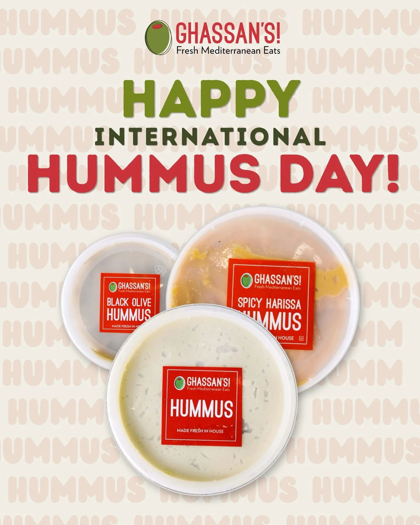 Happy International Hummus Day to the dip that never disappoints 🤝🥙 Creamy, garlicky, made fresh, and somehow good with literally everything. What&rsquo;s your favorite flavor - original, spicy harissa, or black olive? 

#ghassansfreshmediterranean