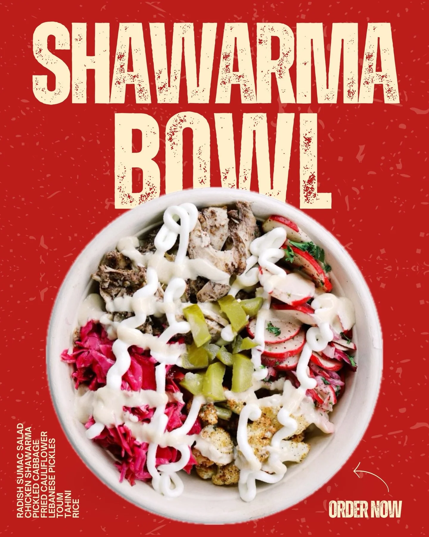 Bold flavor, no shortcuts. 🔥 Our Shawarma Bowl is loaded with steamed rice, shawarma-spiced chicken, crispy fried cauliflower, pickled cabbage, fresh radish salad, Lebanese pickles, and finished with toum + tahini for that perfect creamy kick.

It&r