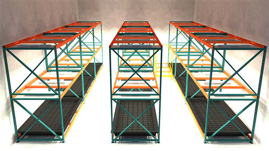 LED lights allow for double stacking functions shown here with pallet rack solutions.