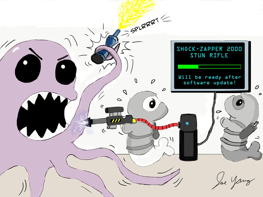 Random sketch: While confronting a disorderly mustard-wielding octopus, the Ninja Seals encounter a common technical issue!