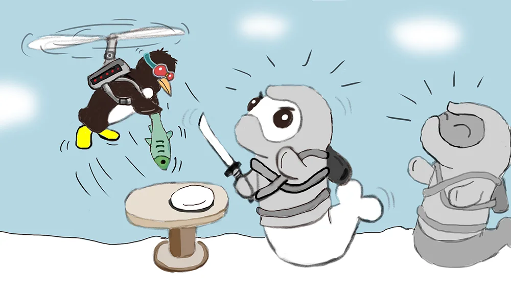 Random sketch: A cheeky penguin interrupts the Ninja Seals during dinner