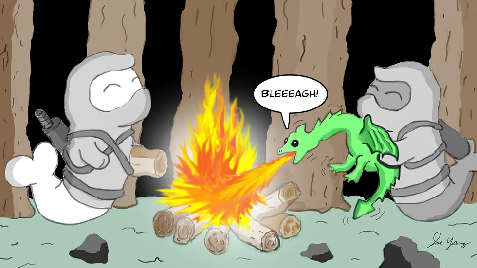 Random sketch: The Ninja Seals demonstrate why it's a good idea to take baby dragons on camping trips!