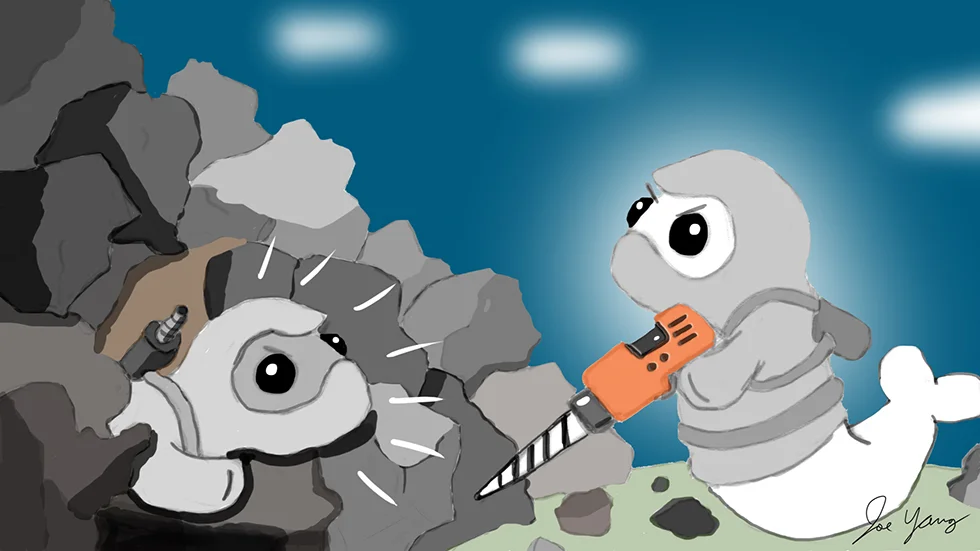 Ninja Seal helps his buddy who's been trapped under a pile of rocks
