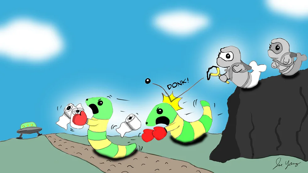 Ninja Seals take potshots at a pair of thieving aliens