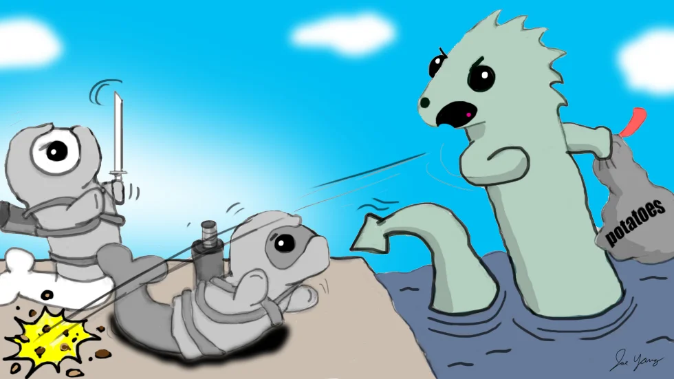 A grumpy sea monster throws potatoes at the Ninja Seals!
