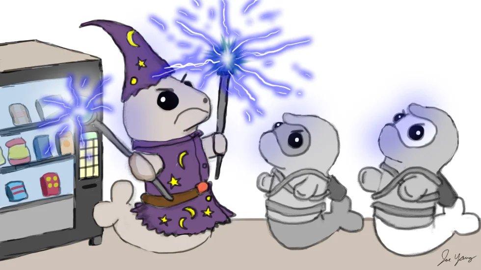 A powerful wizard gets between the Ninja Seals and the vending machine!