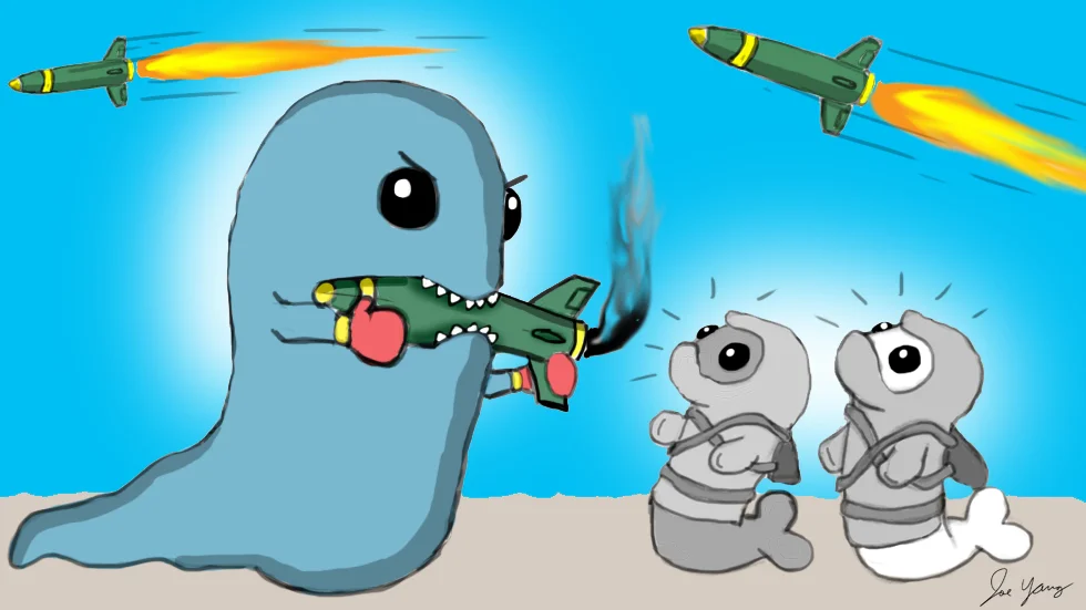 Ninja Seals look on as a slime monster attempts to eat a missile