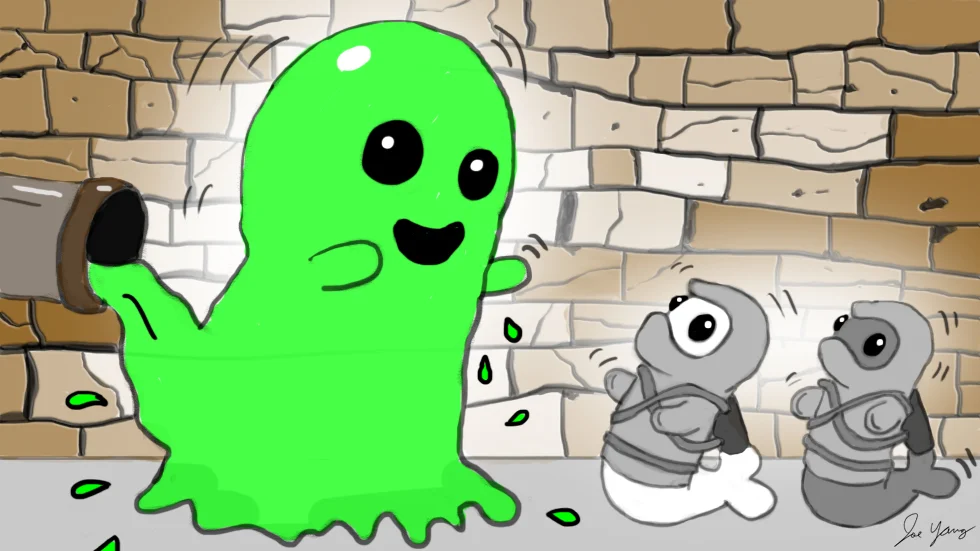 A different (but friendlier) slime monster follows the Ninja Seals underground