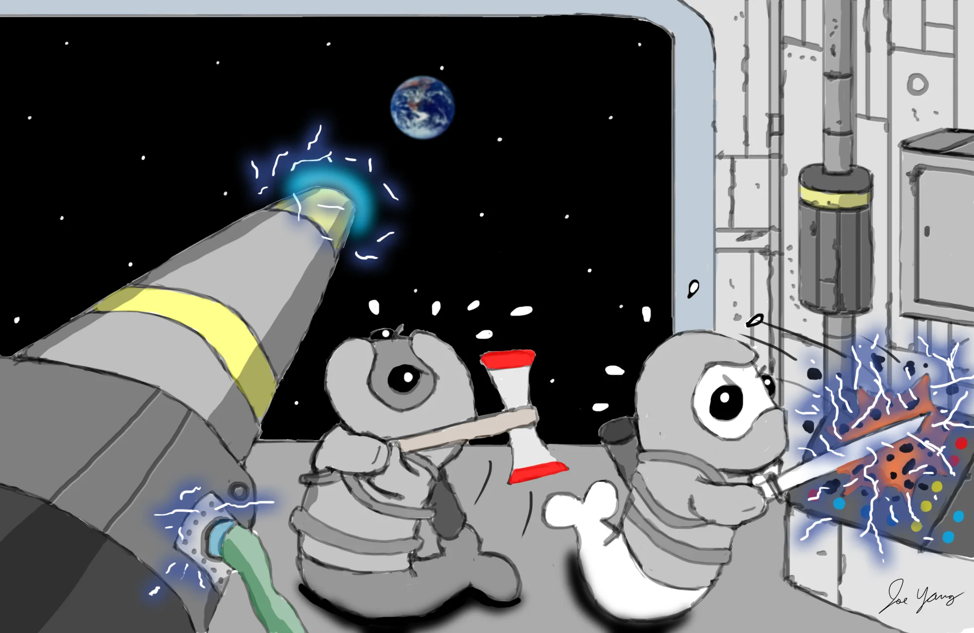 The Ninja Seals frantically work to prevent the interplanetary cannon from firing