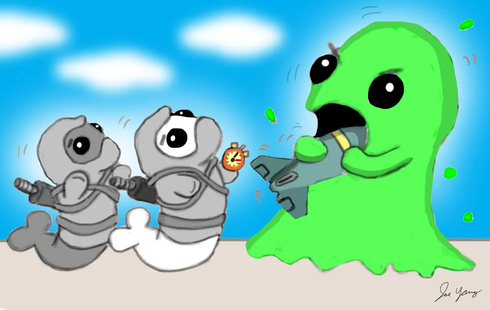 The slime monster tries to prove to the Ninja Seals that he can eat a live bomb in under a minute...