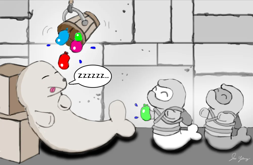 While bored, the Ninja Seals like to play stupid pranks on their snoozing friends