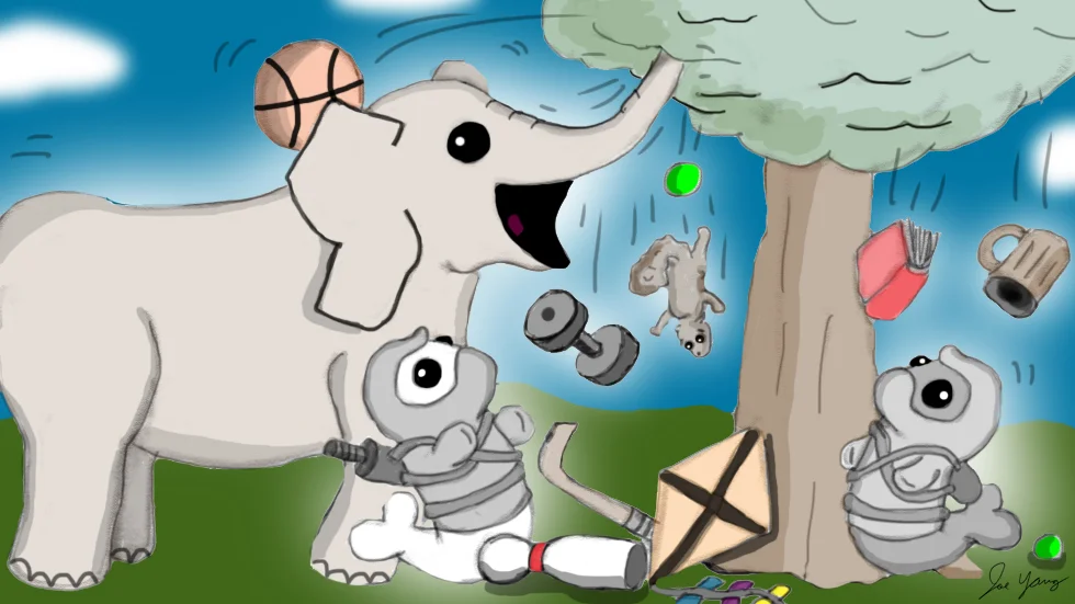 The Ninja Seals and Elephant are amazed at the amount of stuff hidden in that tree