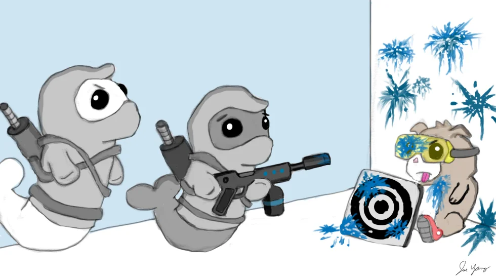 Guinea Pig does his part to help the Ninja Seals fix accuracy issues associated with their paintball rifle