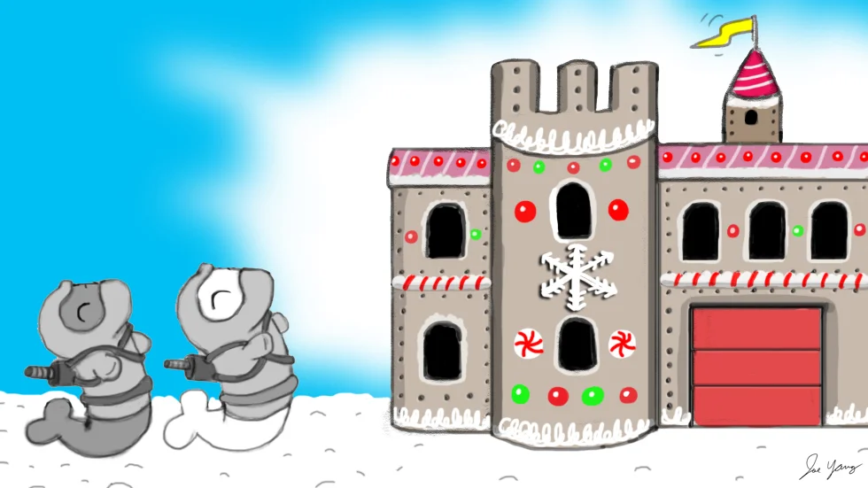 The Ninja Seals find a fun (and probably tasty) gingerbread castle