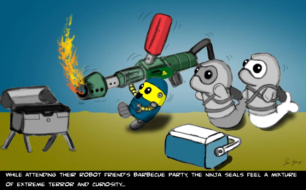 While attending their robot friend's barbecue party, the Ninja Seals feel a mixture of extreme terror and curiosity