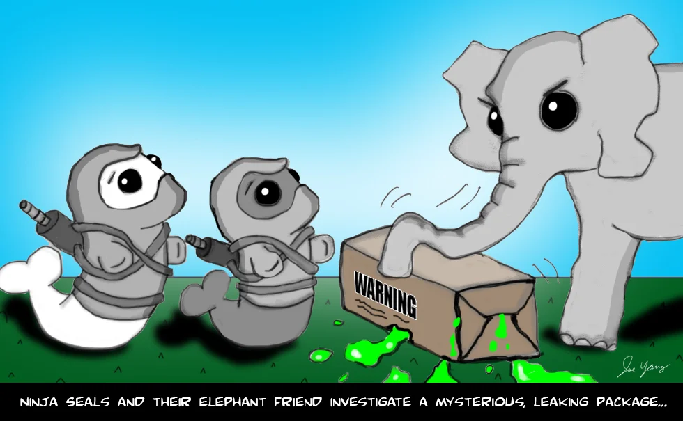 The Ninja Seals & their elephant friend investigate a mysterious, leaking package