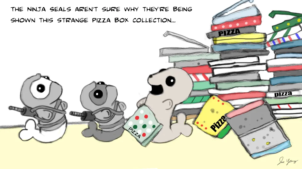 The Ninja Seals aren't sure why they're being shown this strange pizza box collection