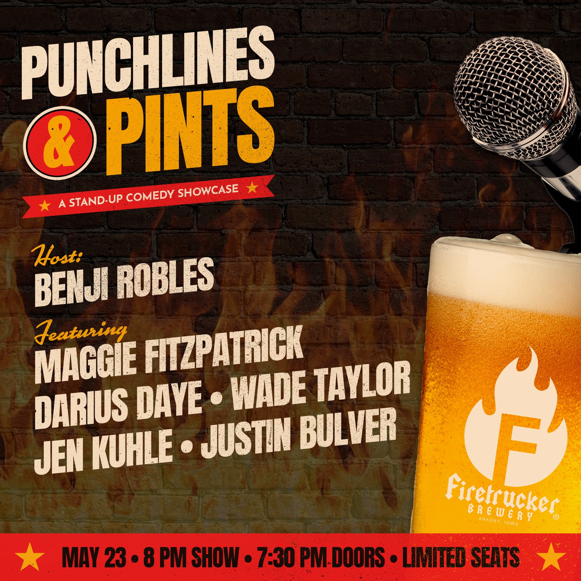 The lineup is officially locked in. 🎤🍻

Punchlines &amp; Pints is bringing a killer roster of Iowa&rsquo;s top stand-up comics to the stage on May 23 at Firetrucker Brewery, and this one is stacked from top to bottom.

From sharp storytelling to ra