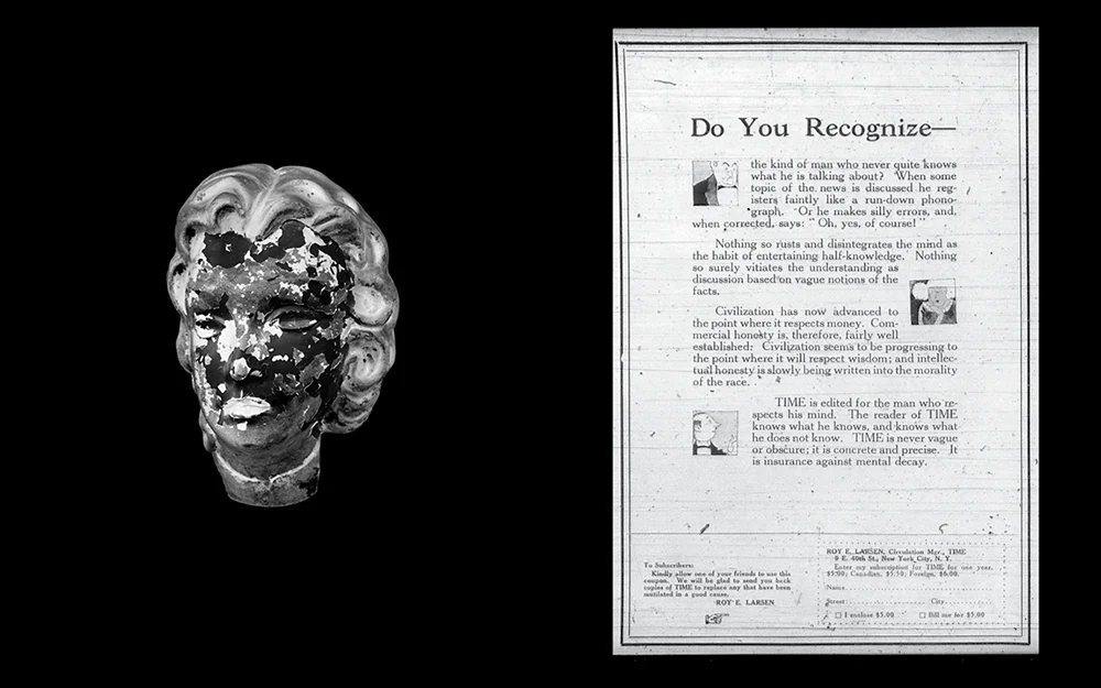 Do You Recognize— (Volume 1, No. 10) 2018 Vintage mannequin head, lead paint diptych of 55 x 45 cm