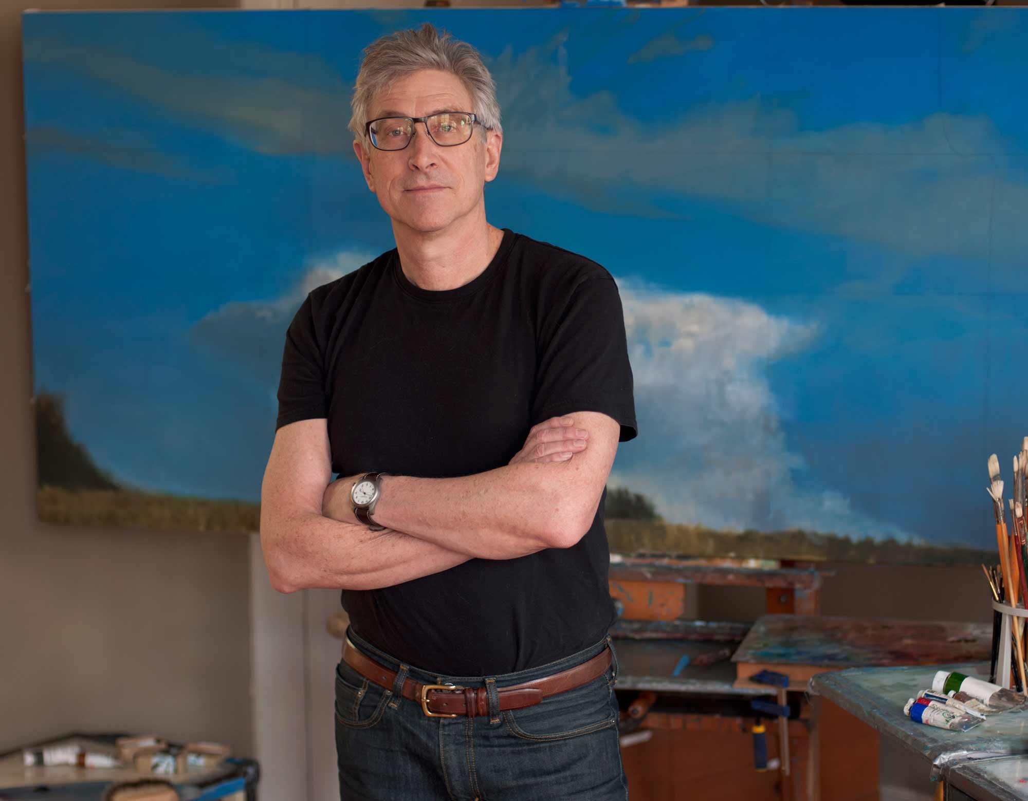 In the studio, with a painting in progress, February 2018.