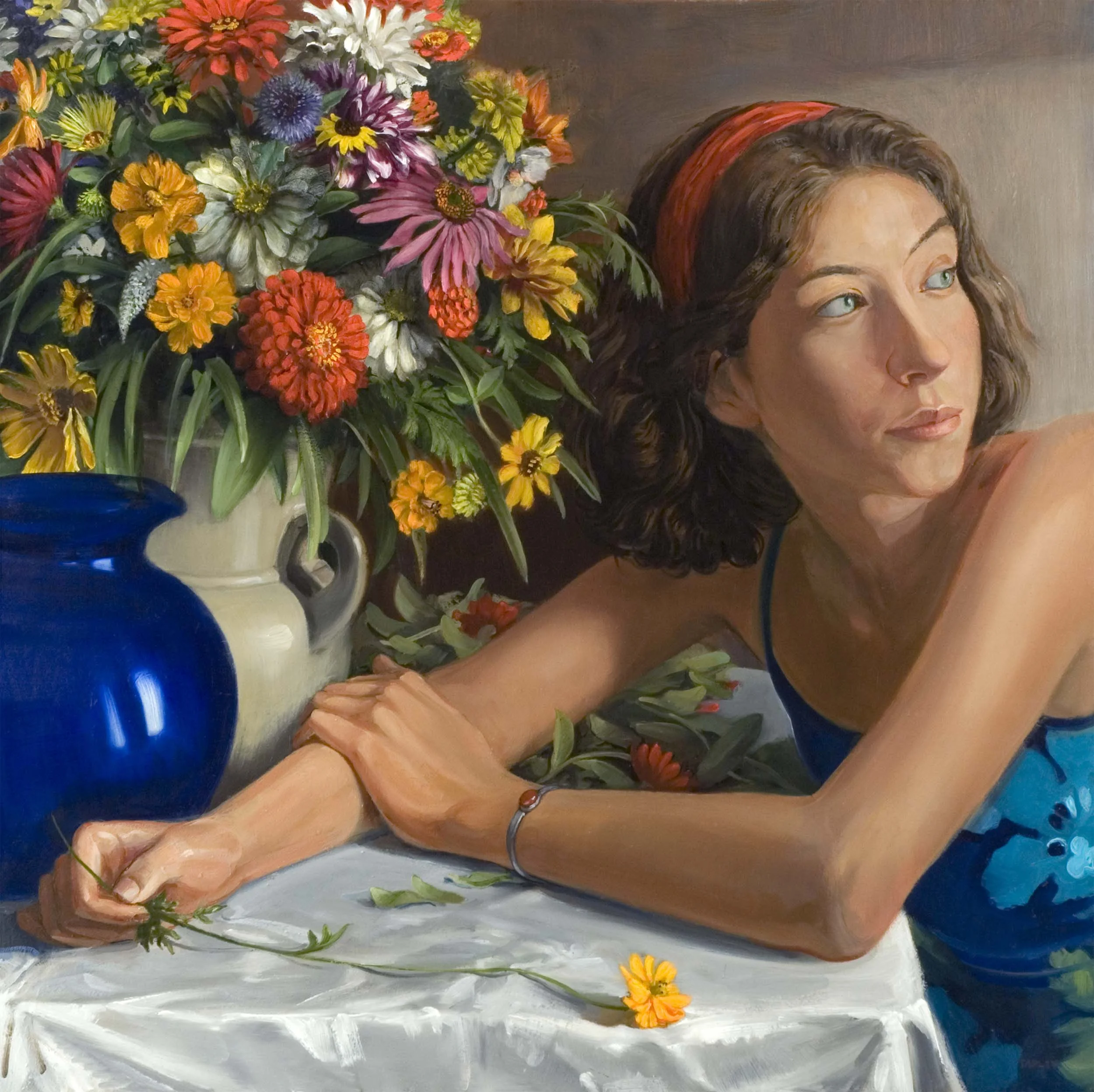 Rachel with Zinnias and Coreopsis