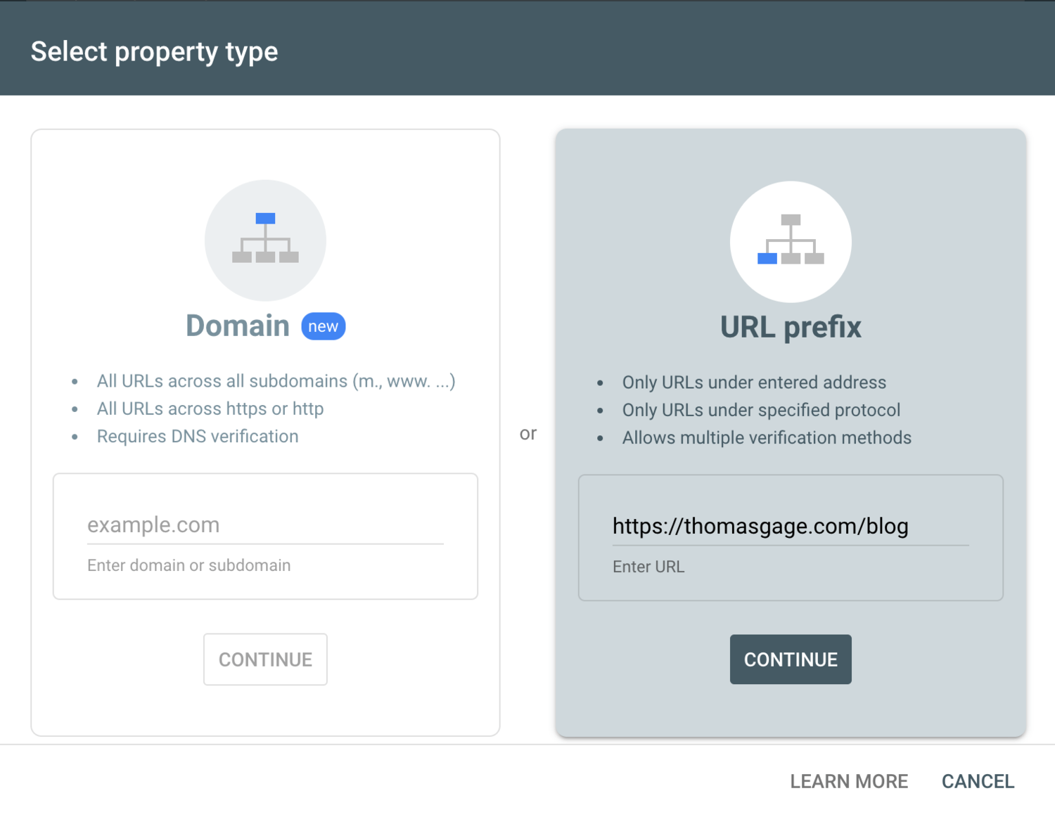 Screenshot of GSC how to set up a property with a URL prefix