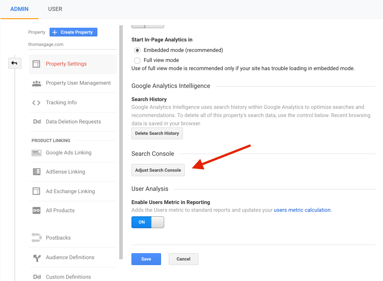 Screenshot of property settings in Google Analytics to Adjust Search Console