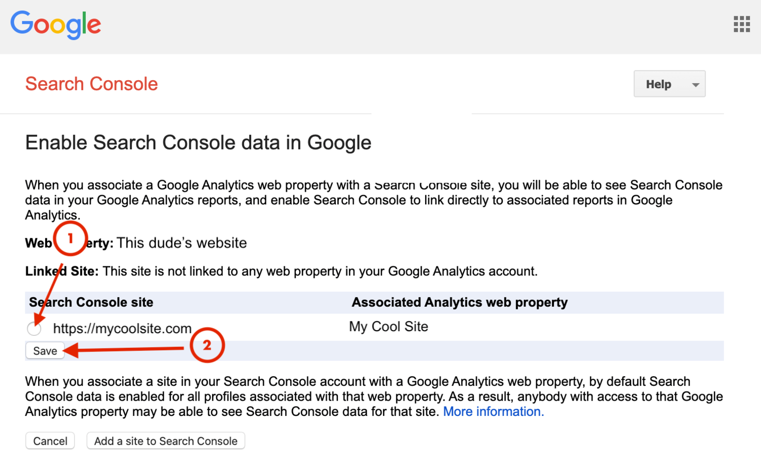 Screenshot from Google Webmaster to enable search console in Analytics