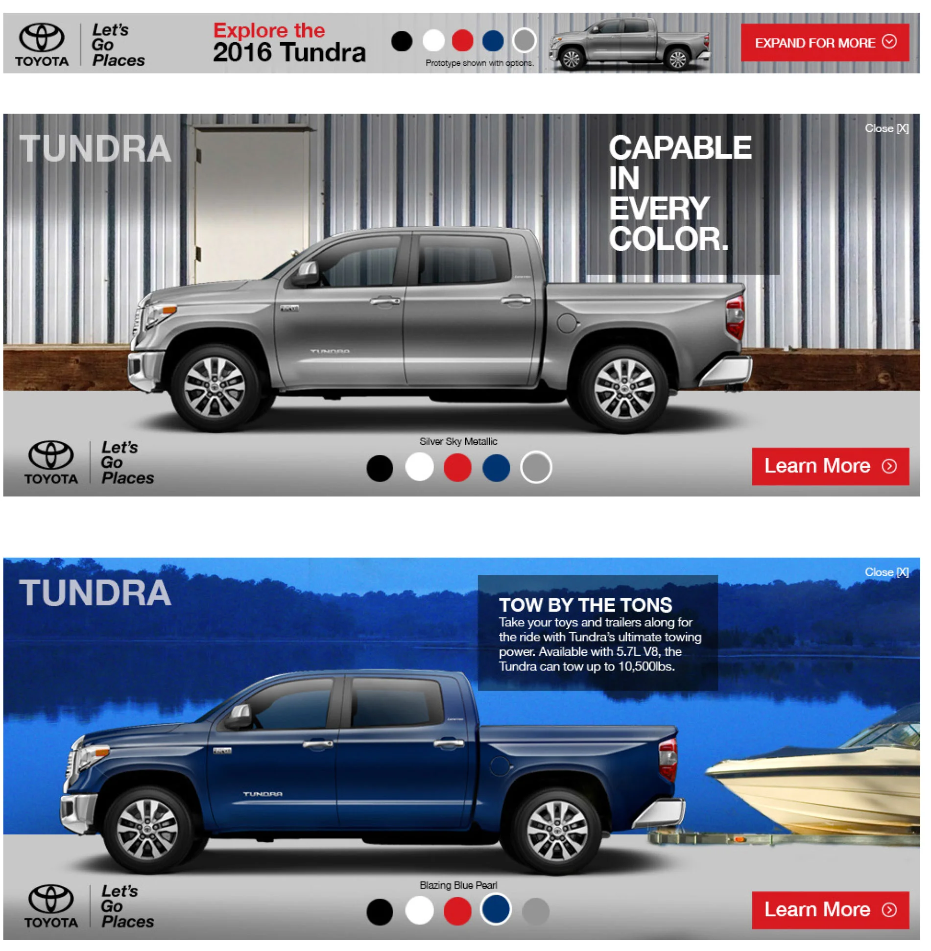  Blue Ribbon Metallic features a lake and focuses on towing capabilities. Super White features a home setting and focuses on hauling capabilities. Black features a night time setting and focuses on the interior’s comfort, technology and styling. Barc