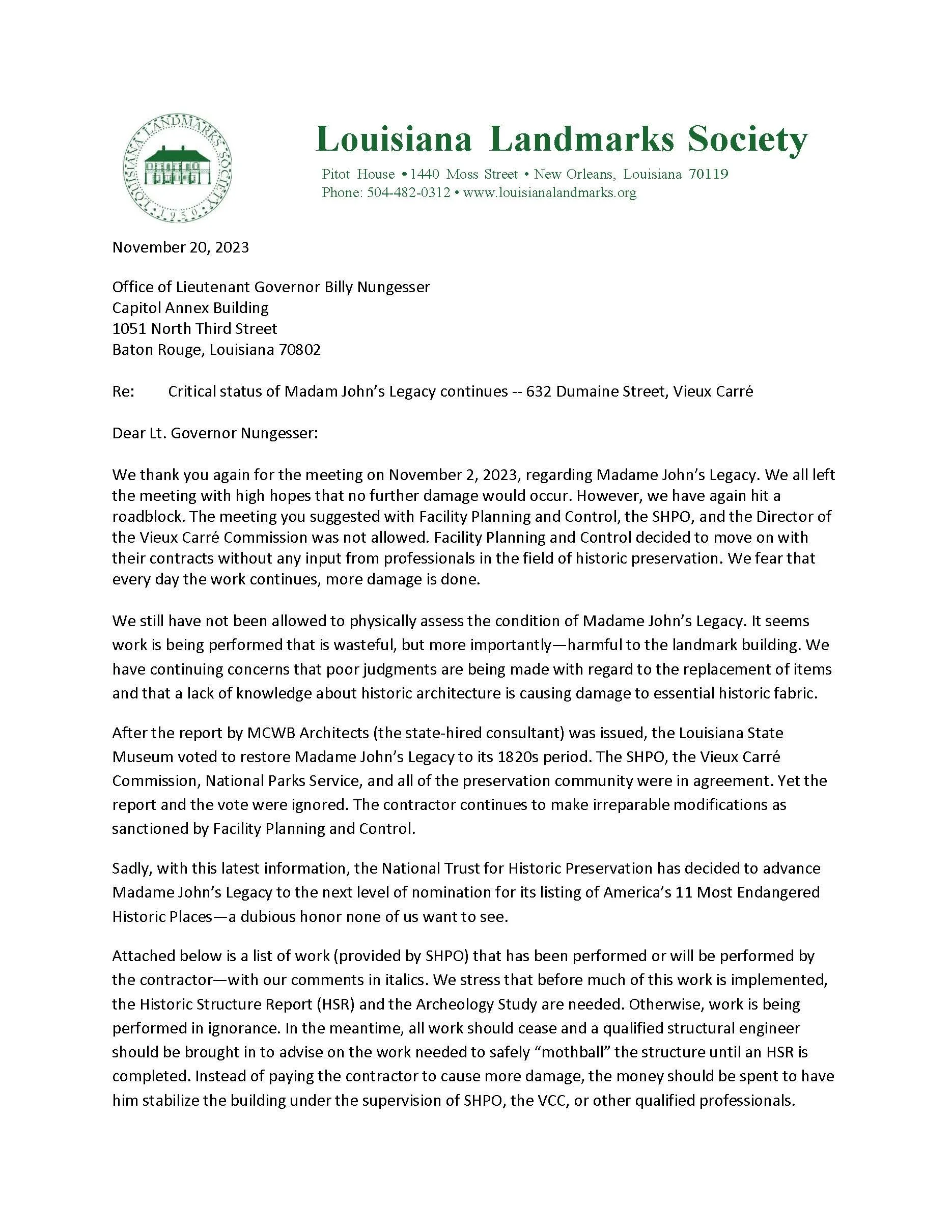 11-20-2023: Critical status of Madam John’s Legacy continues -- 632 Dumaine Street, Vieux Carré