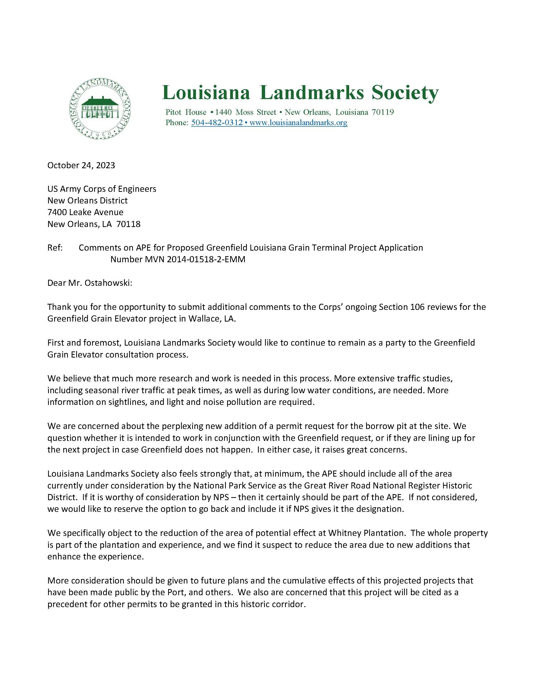 10-24-2023: Comments on APE for Proposed Greenfield Louisiana Grain Terminal Project Application&nbsp;