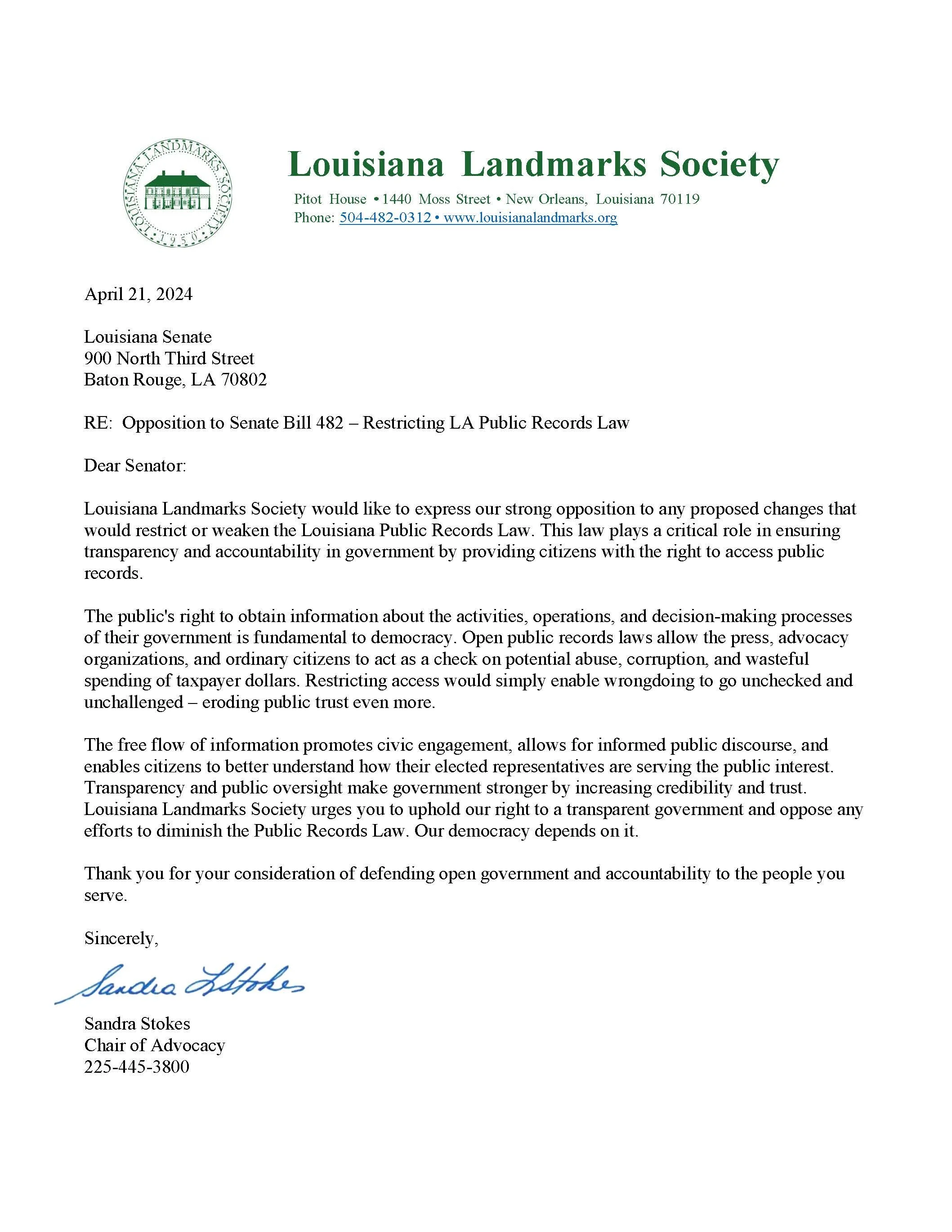 4-21-2024: RE: Opposition to Senate Bill 482 – Restricting LA Public Records Law&nbsp;