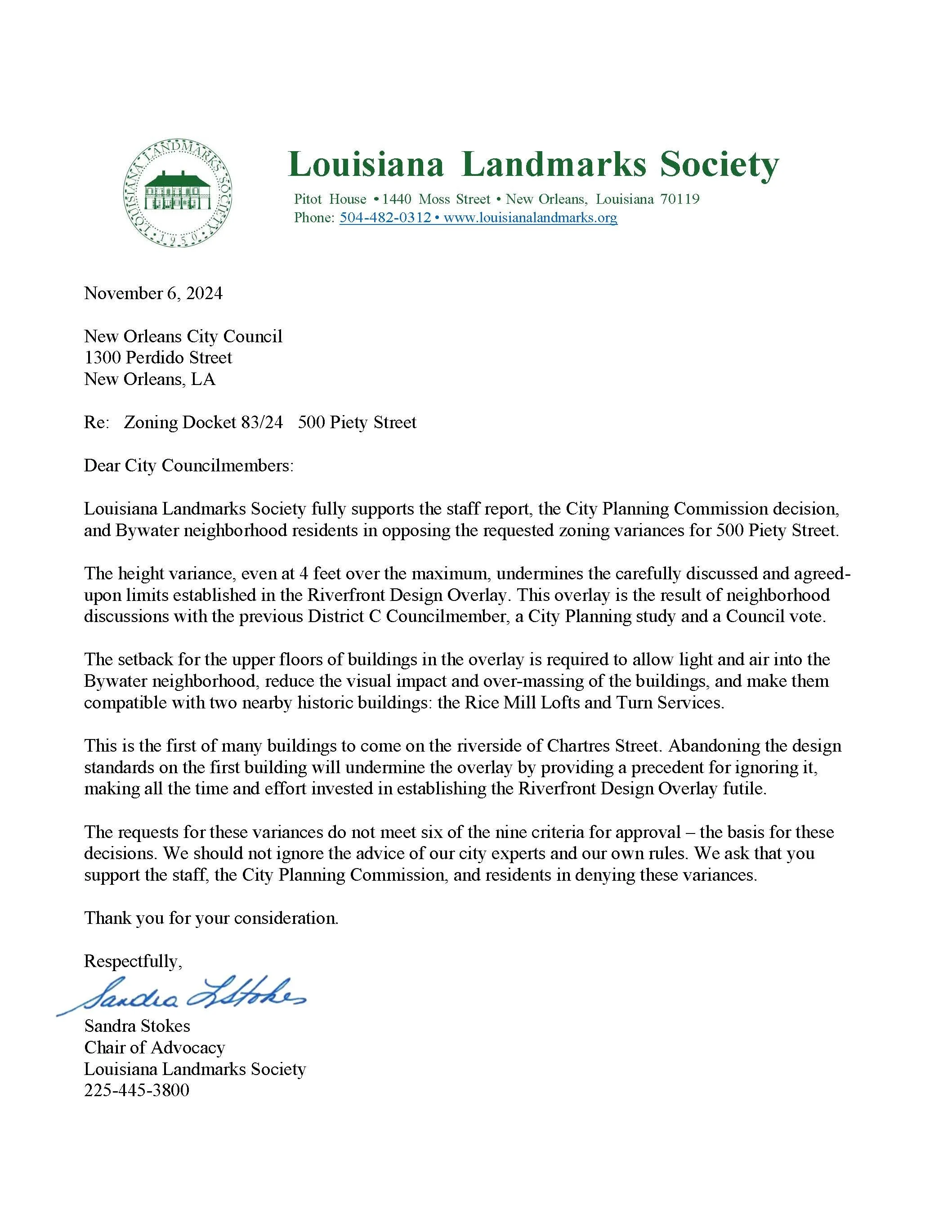 11-6-2024: Re: Zoning Docket 83/24 500 Piety Street