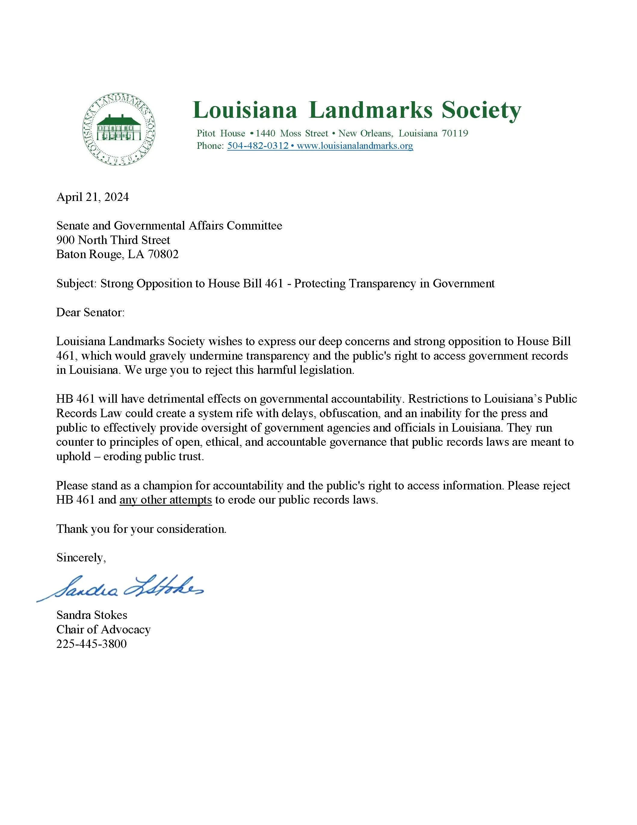 4-21-2024: Subject: Strong Opposition to House Bill 461 - Protecting Transparency in Government&nbsp;