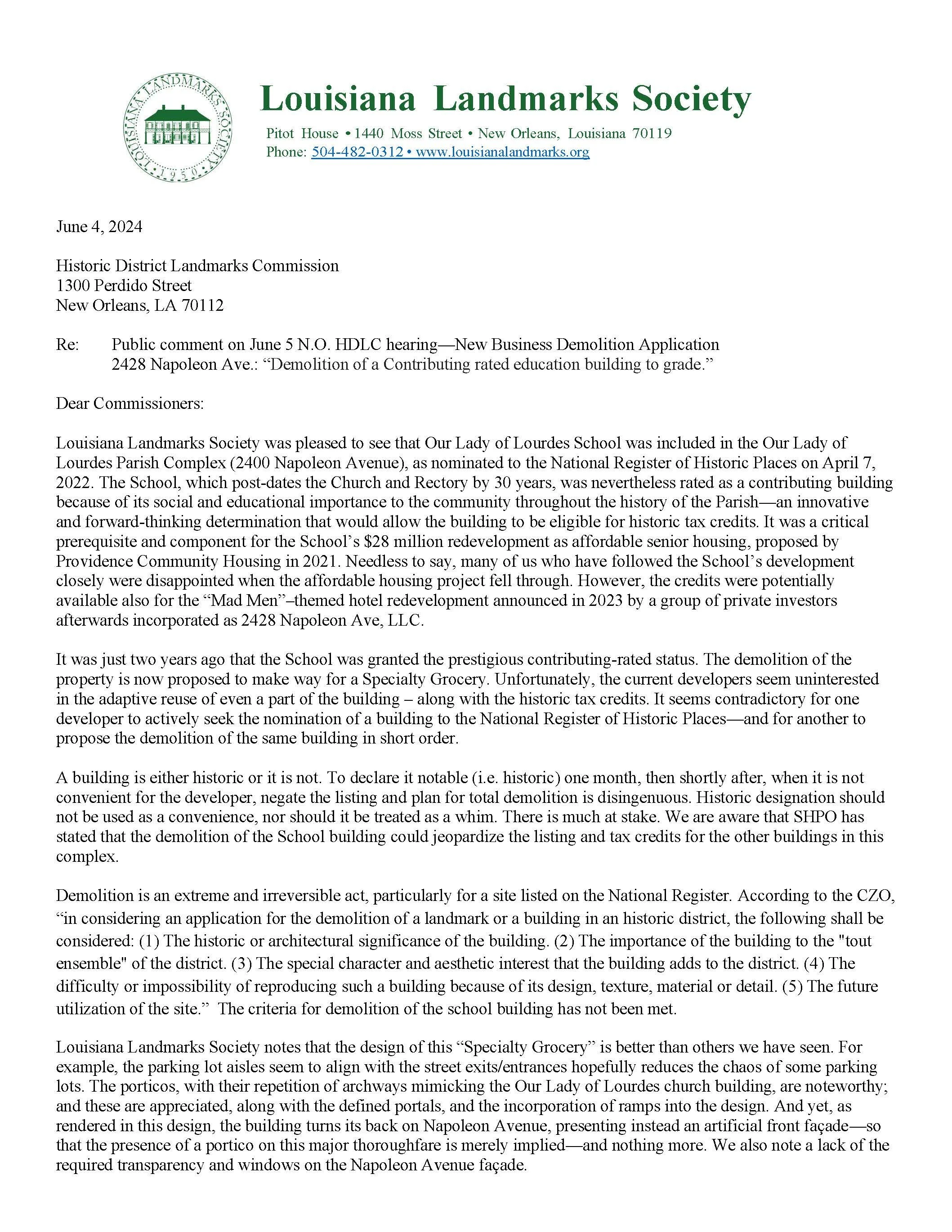 6-4-2024: Public comment on June 5 N.O. HDLC hearing—New Business Demolition Application 2428 Napoleon Ave.: “Demolition of a Contributing rated education building to grade.”&nbsp;