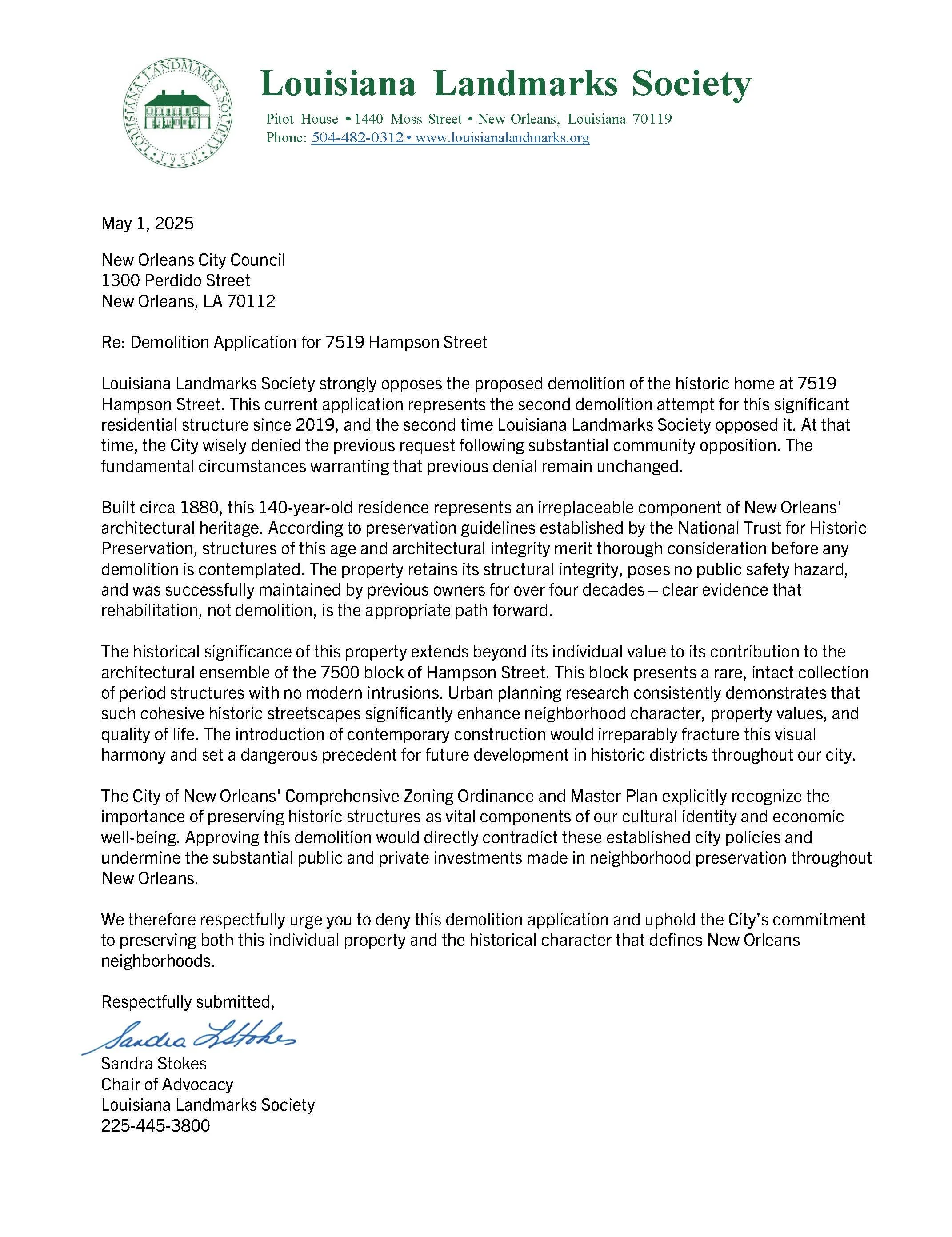 5-1-2025: Re: Demolition Application for 7519 Hampson Street