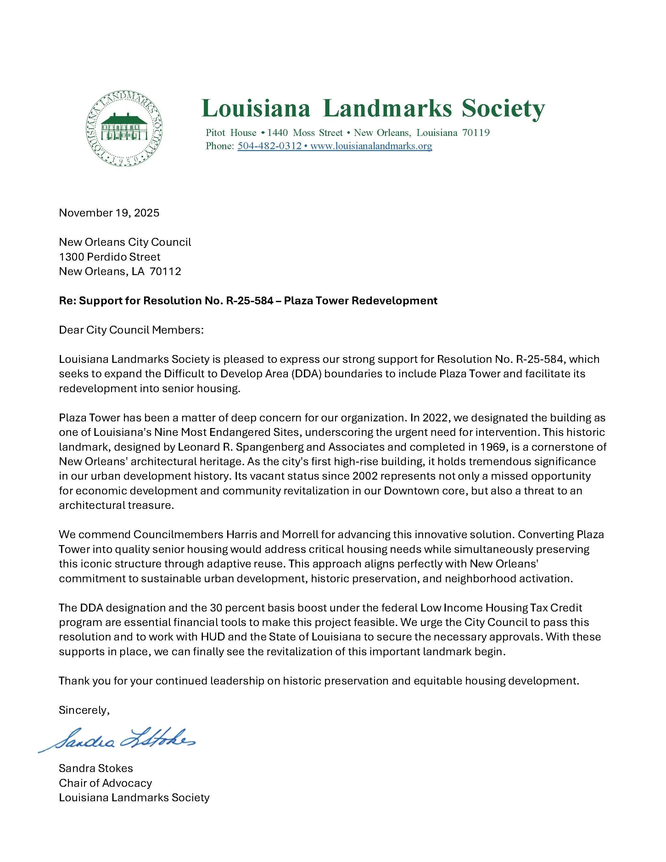 11-19-2025: Re: Support for Resolution No. R-25-584 – Plaza Tower Redevelopment