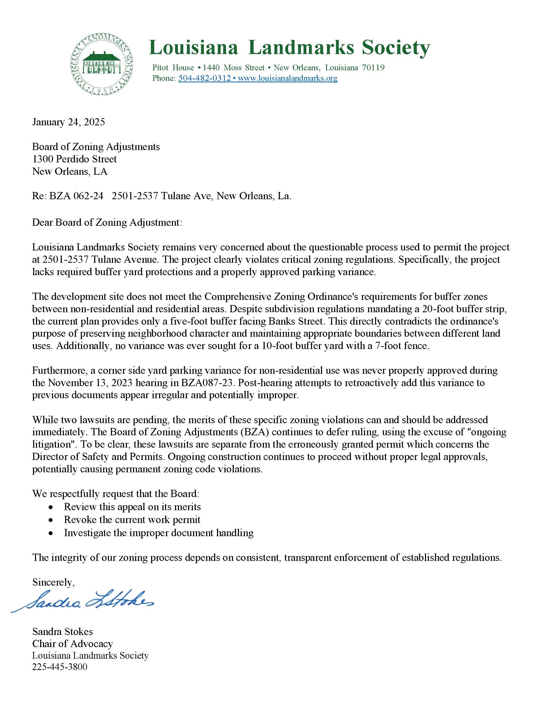 1-24-2025: Re: BZA 062-24 2501-2537 Tulane Ave, New Orleans, La.&nbsp;