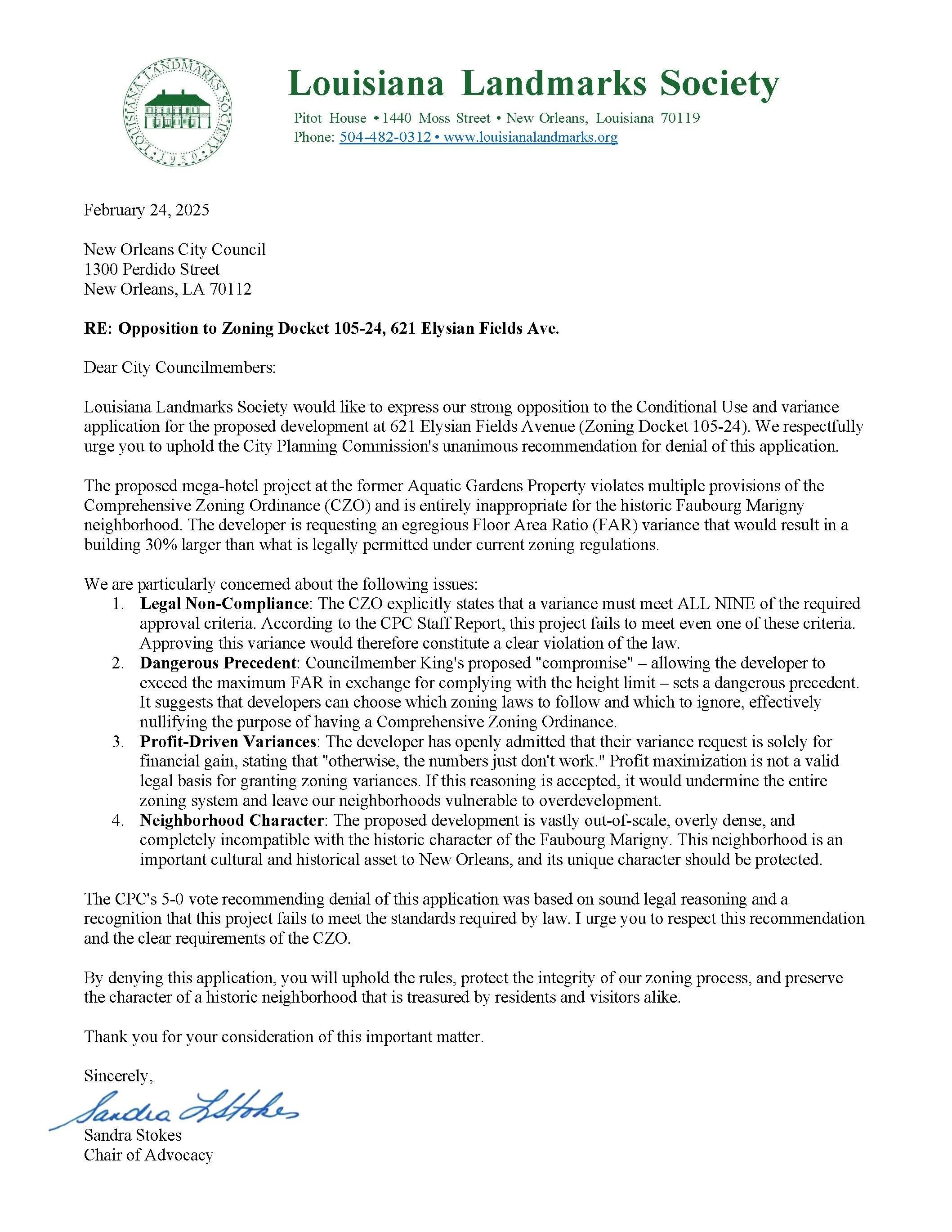 2-24-2025: RE: Opposition to Zoning Docket 105-24, 621 Elysian Fields Ave.&nbsp;