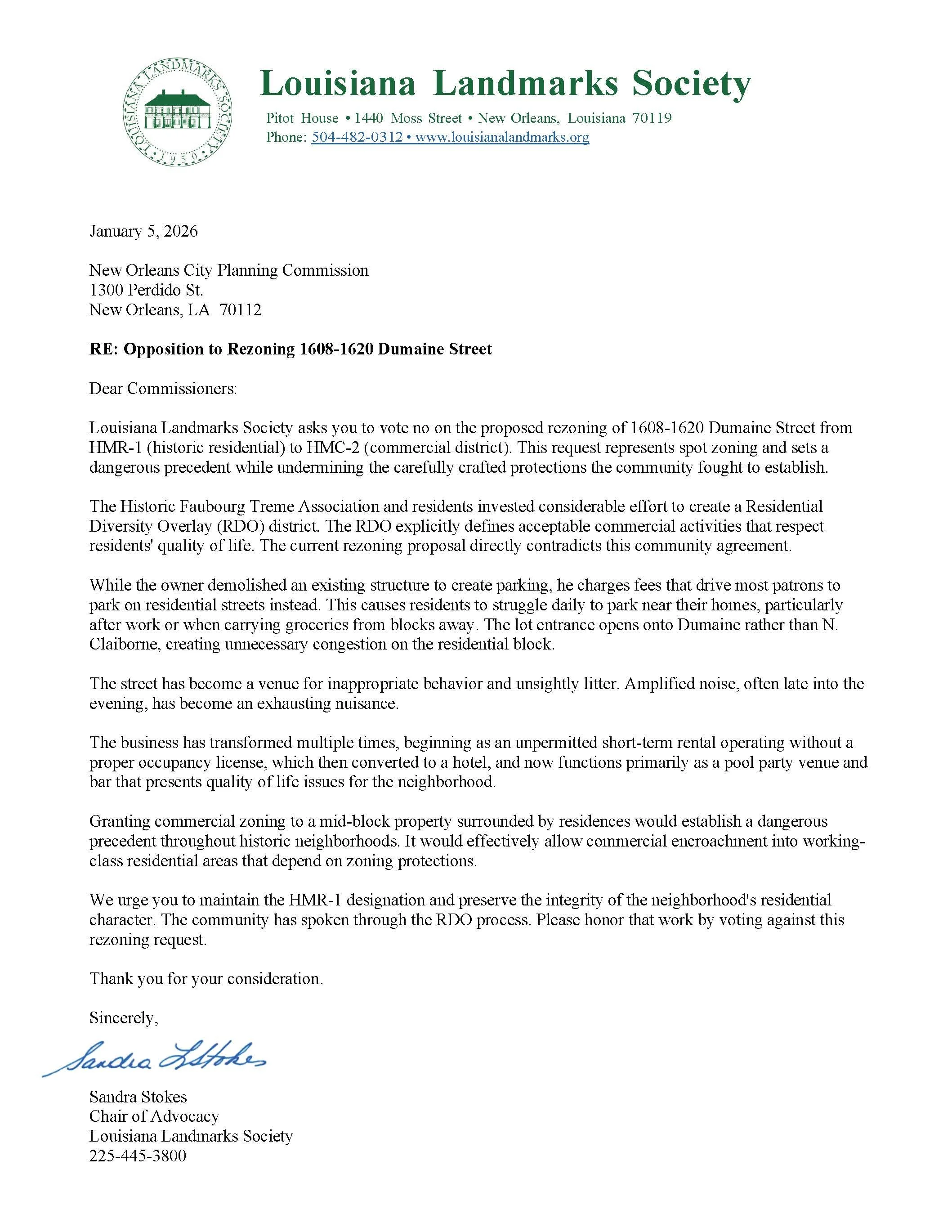 1-5-2026: RE: Opposition to Rezoning 1608-1620 Dumaine Street