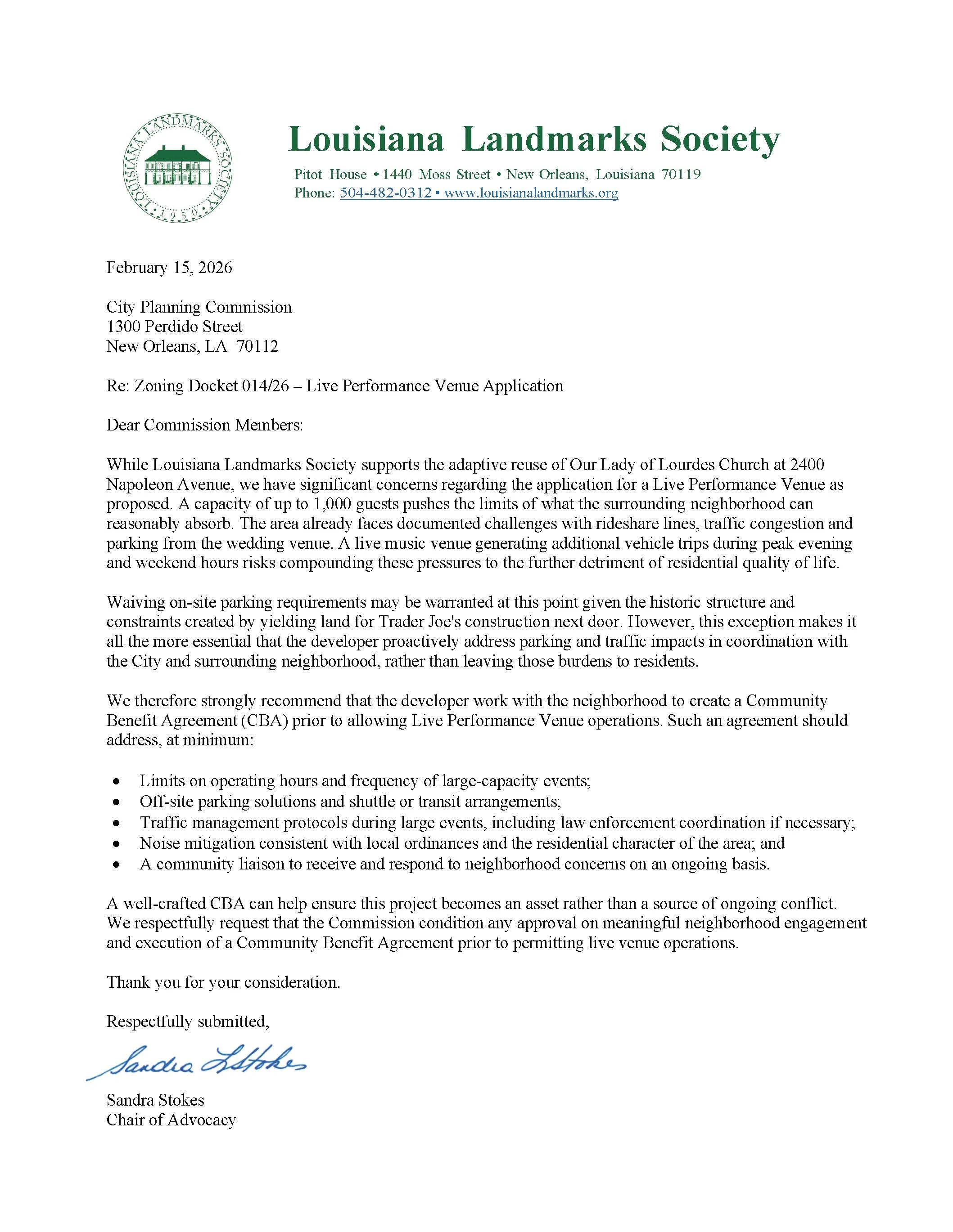 2-15-26: Re: Zoning Docket 014/26 – Live Performance Venue Application