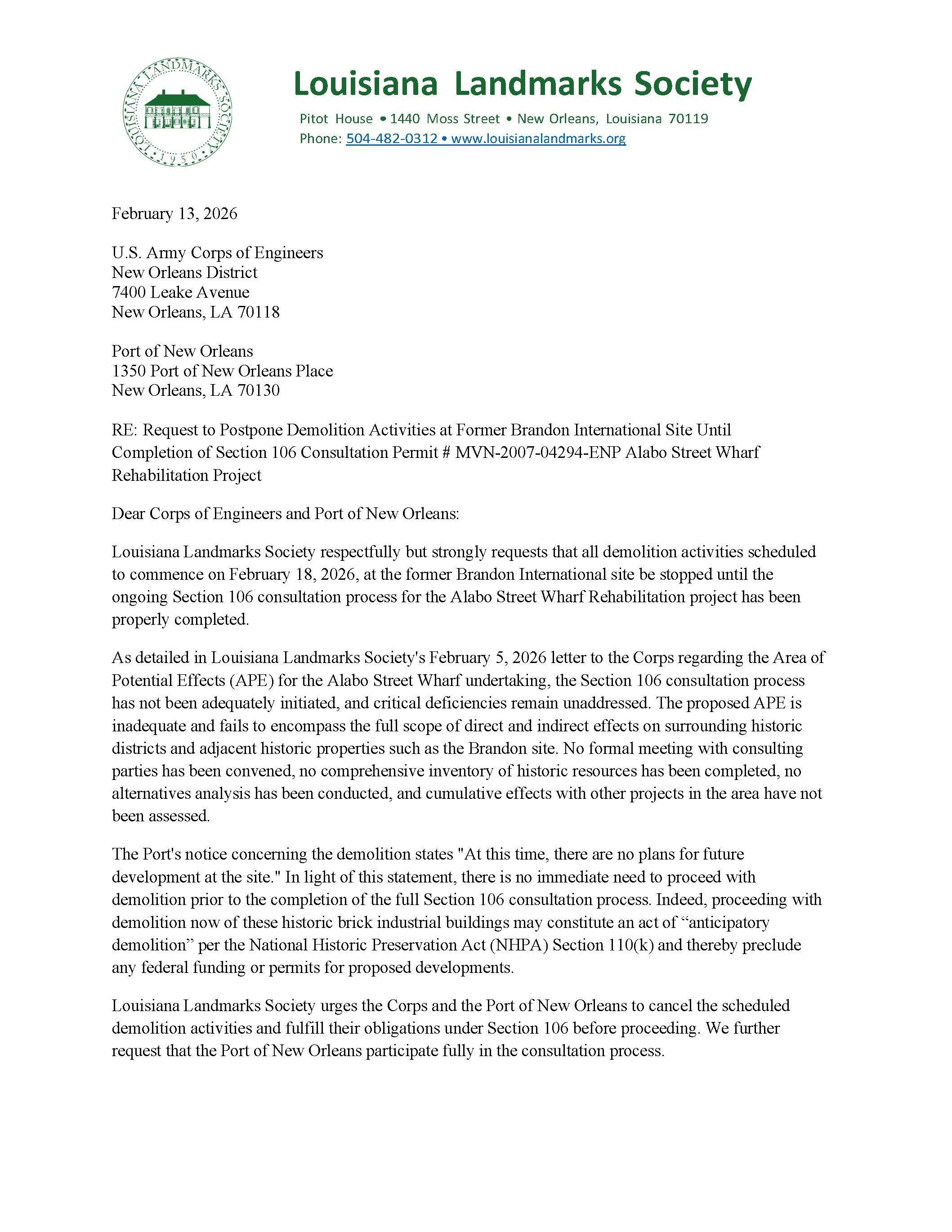 2-13-26: RE: Request to Postpone Demolition Activities at Former Brandon International Site Until Completion of Section 106 Consultation for Alabo Street Wharf Rehabilitation Project