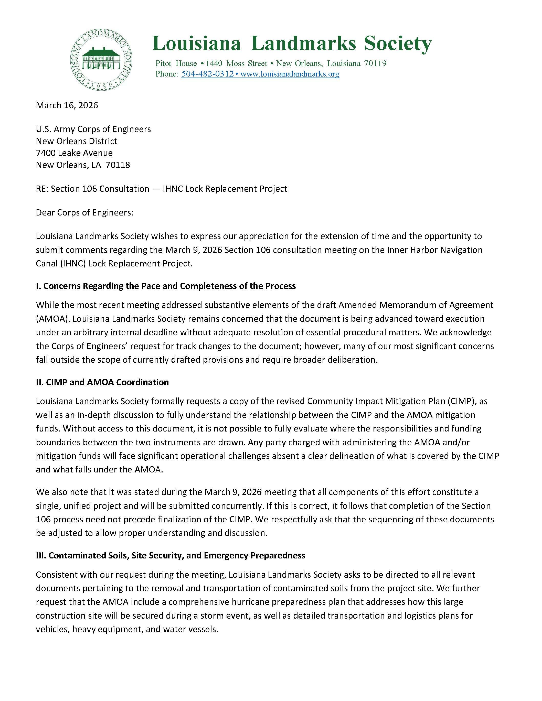 3-16-2026: RE: Section 106 Consultation — IHNC Lock Replacement Project