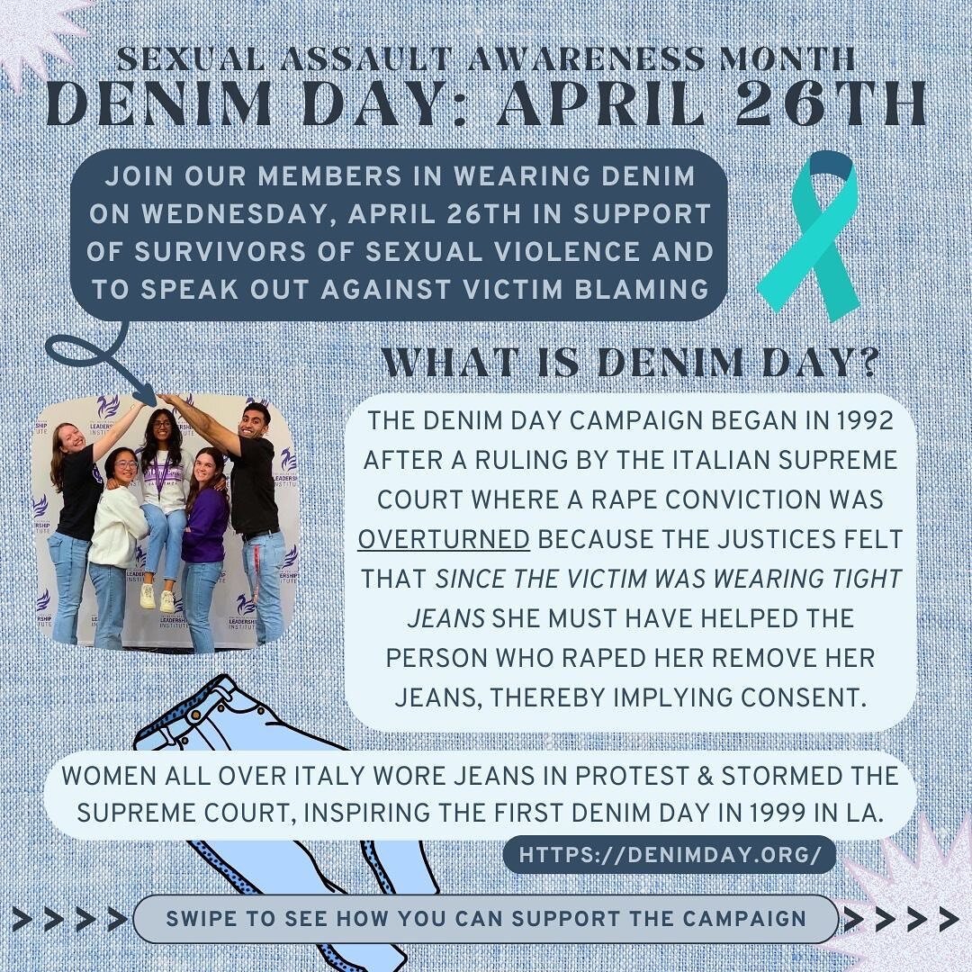Phi Delta Epsilon and its members are joining @cpo.sbu in standing up against victim blaming! 
Join us this Wednesday, April 26th, and wear denim on Denim Day to support survivors of sexual assault and sexual violence!