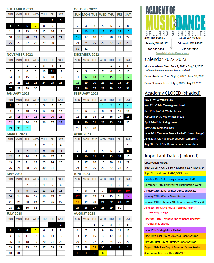 Academic Calendars seattlemusicanddance